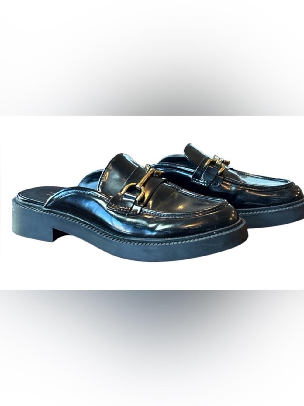 Zara Black Patent Mule Loafers Horsebit Hardware Size 6.5